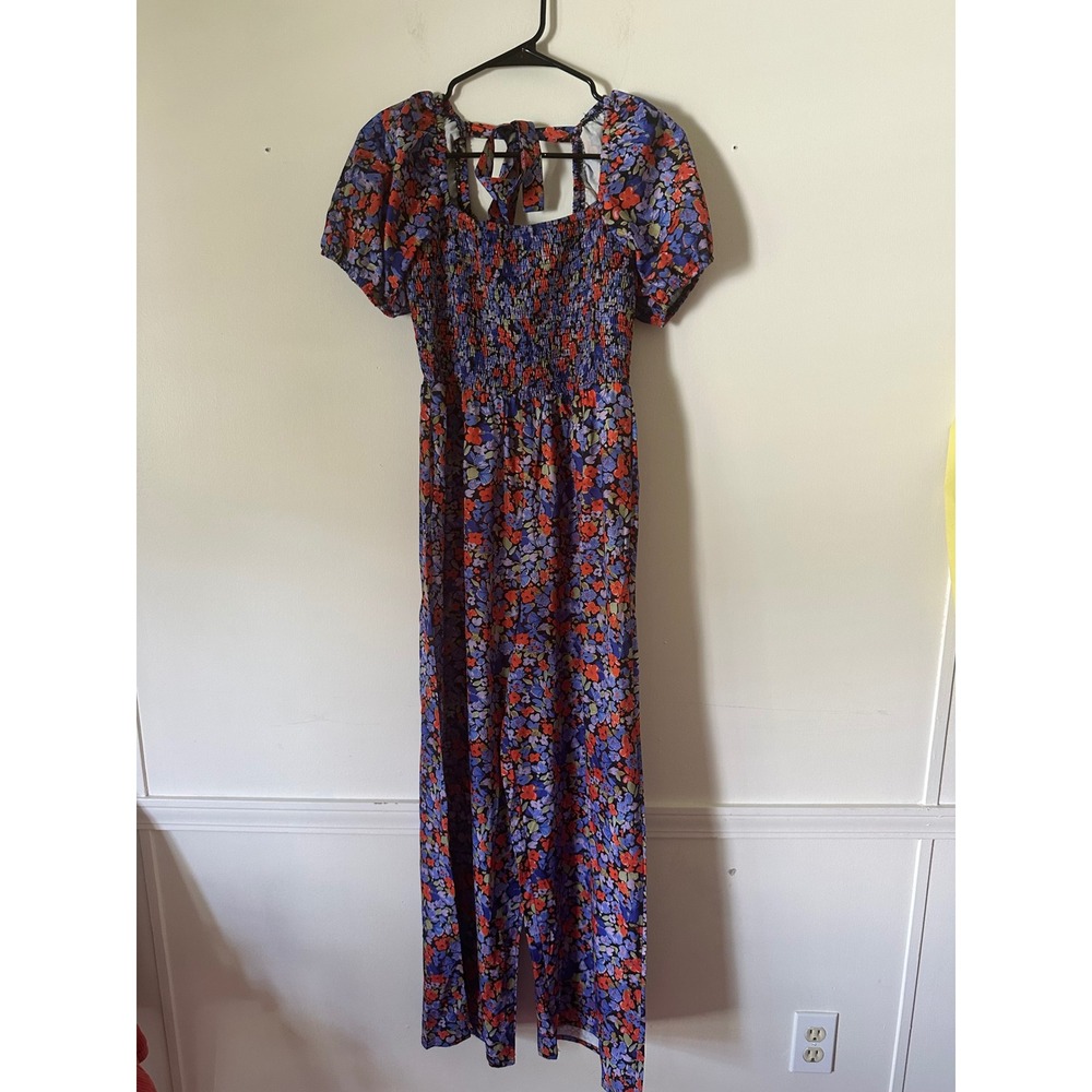 Floral Smocked Wide Leg Jumpsuit Puff Sleeve Square Neck Tie Back Purple M